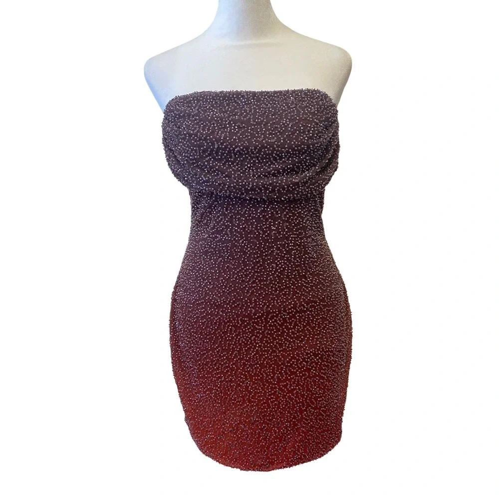 Embellished Strapless Mini Dress in Red/Brown Ombr, 8